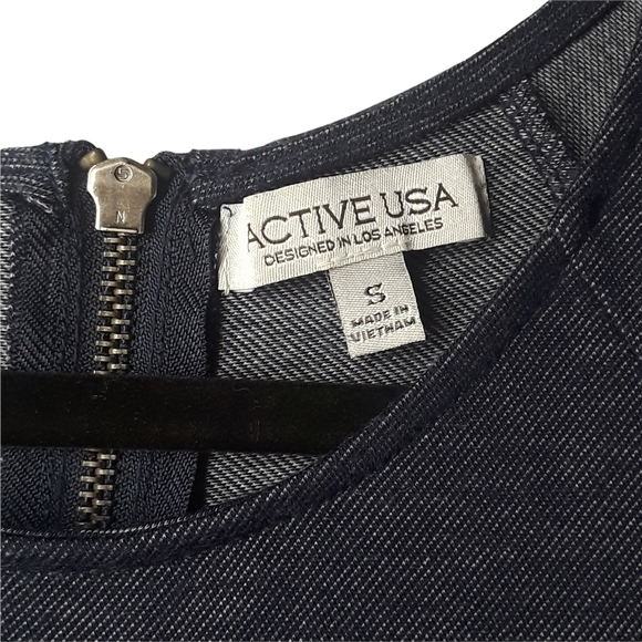 ACTIVE USA Dark Blue Gray Denim Like Print Sleeveless Swing Dress Small - Picture 2 of 7